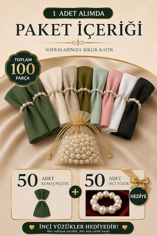 Kumaş Peçete 50'li Paket Peçete Halka Hediyeli Tam 100 Parça Turkuaz Turkuaz