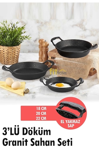 3'lü Fırına Girebilir Granit Döküm Sahan Seti 18-20-22 Cm Siyah
