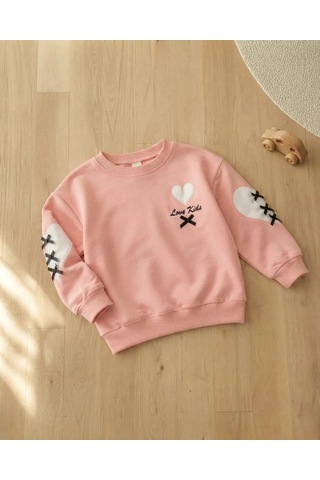 Roya Kız Çocuk Somon Sweatshirt Kalpli Detaylarla