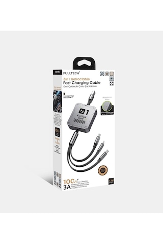 100w Fulltech Makaralı 3 İn 1 Hızlı Şarj -aluminyum Gövde Lightining , Micro , Typ-c Şarj Kablosu 0