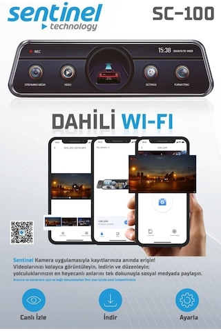Sentinel Sc-100 2k Ahd Çift Kameralı Araç İçi Dikiz Aynası Kamera Wi-fi, G-sensor, Gece Görüş, Dokunmatik Ekran