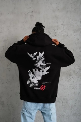 Veraura Lifestyle Erkek Şapkalı Güvercin Baskılı Kapşonlu Sweat - Siyah S