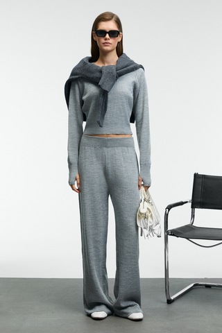 MARIPOSA Kadın Yuvarlak Yaka Çizgi Desenli Crop Geniş Paça Triko Grimelanj Alt-Üst Takım