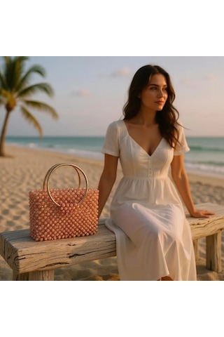 Plentiful İnci Boncuk Çanta, Abiye , Gece , Düğün, Gelin,nişan Çantası Kahverengi