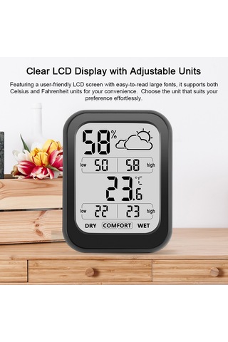 Youtek Siyah Ev İç Sıcaklık Nem Ölçer - 10 Saniye Güncelleme - Büyük Lcd Ekran - Hava Durumu Gösterimi - Dahili Pil