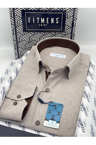 Klasik Uzun Kol Keten Cotton Hediye Kutulu Erkek Gömlek Fs-001261 - Bej-1759