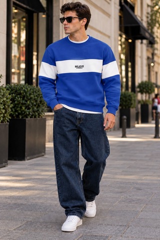 Cool Tarz Erkek Şerit Detaylı Believe Baskılı 3 İplik Şardonlu Bisiklet Yaka Sweatshirt Saks Saks
