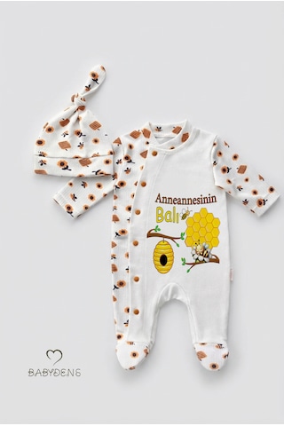Babyden's Anneannesinin Balı Yazılı Yenidoğan Bebek Tulum Şapka Set Arı Desenli Unisex Çıtçıtlı Bebek Tulum Ekru - Sarı