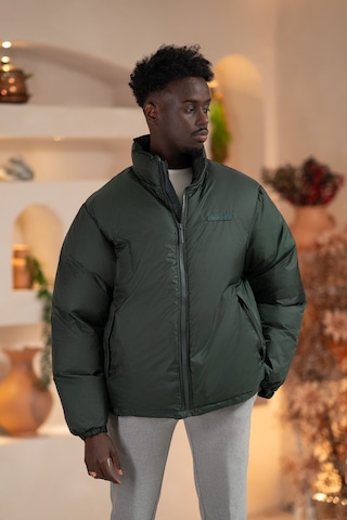 Oversize Bol Kesim Dik Yaka Fermuar Kapamalı Şişme Mont Yeşil