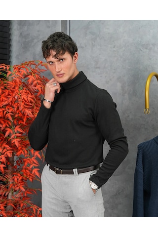 Modefendi Slim Fit İtalyan Kesim Tam Balıkçı Boğazlı Kazak Siyah