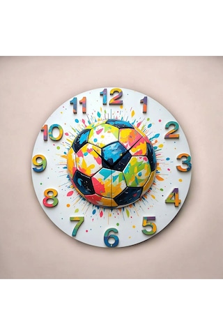 AA Shop Futbol Top Renkli Baskı Desenli Sayılı Hediyelik Ahşap Sessiz Tablo Duvar Saati 93 Renkli