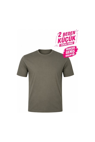 Yuvarlak Yaka Erkek Battal Düz Renk Pamuklu Basic Tshirt Haki