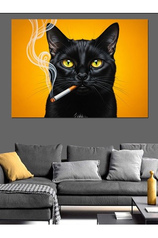 Sigara İçen Siyah Kedi Sarı Gözler Dekoratif Kanvas - Mdf Ahşap Tablo