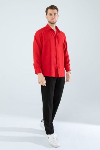 Rahat Kesim Keten Dokulu Gömlek Kırmızı
