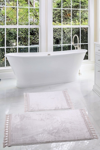 Relax Gri 60x100 + 50x60 Cm 2'li Köşeli Ponpon Saçaklı Banyo Halı Antrasit