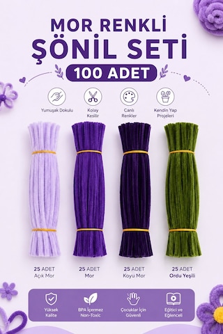 Mor Renkli Şönil Seti 100 Adet Açık Mor, Mor, Koyu Mor Ve Ordu Yeşili