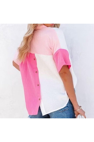 Yaz Moda Rahat Gevşek Gömlek Kadın Patchwork Renk Kısa Kollu Pamuklu Bluz Kadın Düğme Yukarı Gömlek Elbise Tops 26436 Gül Kırmızısı Fuşya