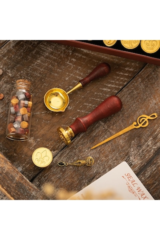 Xindoker 6'li Antik Mühür Seti - Geyik Desenli Mum Mühür Kiti Sap + 6 Başlık + Mum Eritme Kabı + Kaşık + Mum