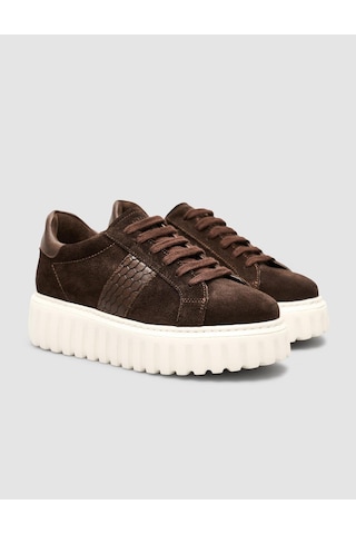Süet Bağıcıklı Kroko Kahverengi Kadın Sneaker Ayakkabı Kahverengi
