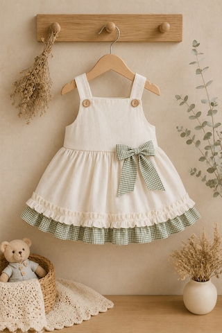 Mnk Baby & Kids Kız Bebek %100 Pamuklu Fiyonk Detaylı Elbise M00849 Krem