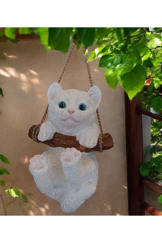 1 Adet Dekoratif Sallanan Duvar Ve Bahçe Süsü Kedi Beyaz