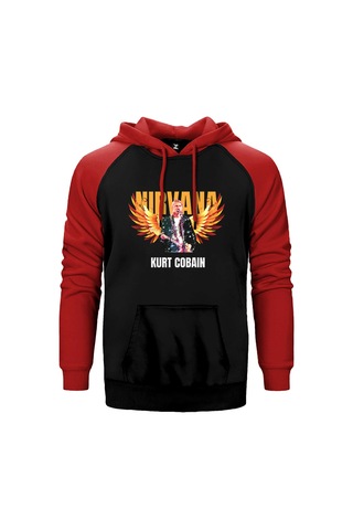 Nirvana Kurt Cobain Guitar Angel Kırmızı Renk Reglan Kol Kapşonlu Sweatshirt Kırmızı