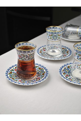 12 Parça 6 Kişilik Lüx Cam Çay Seti Gold Detaylı Altın Renk İşlemeli Lüks Çay Takımı Lacivert