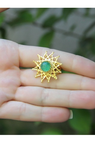 Esha Store Doğal Taş Yeşil Akik Doğal Taşlı Yıldız Model Telkari Kadın Ayarlanabilir Altın Kaplama Yüzük Euy60y Yeşil