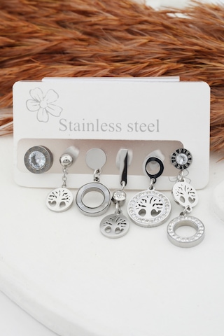 Kadın Kararmaz 6'Lı Hayat Ağacı Detaylı Çelik Set Küpe Gümüş-M