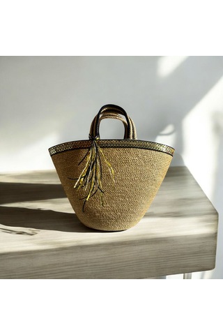 Hasır Çanta, Plaj Çantası, Tasarım Çanta, Siyah Gold Şeritli El Çantası Haki - Siyah