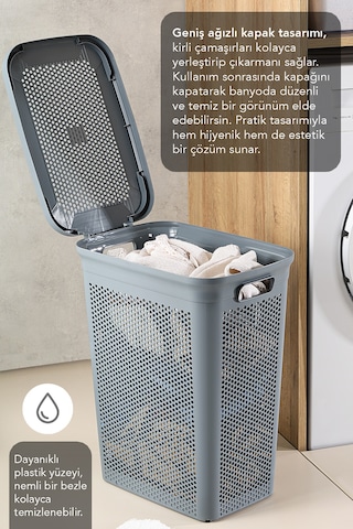 2'li Kirli Çamaşır Sepeti Seti - 40 Litre Kapaklı Delik Detaylı Stash Slim Kirli Sepeti Gri Gri