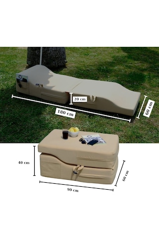 Fermuarlı Şezlong Minder Ve Puf Seti 180x60x20 Cm Ultra Kalın Su İtici Uv Dayanımlı Bej Sunbed Bej Çok Renkli