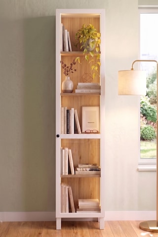 Robin Home Silva Temperli Cam Kapaklı Neon Led Işıklı Dar Alan Vitrin Büfe Kitaplık Ahşap Ayaklı 5 Raflı Sepet-beyaz 183cm