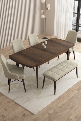 Loft Barok Desen 80x132 Açılabilir Mdf Masa Yemek Odası Takımı, Mutfak Takımı 4 Sandalye, 1 Bench Krem