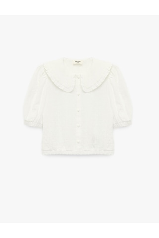 Koton Viskon Karışımlı Kısa Kollu Düğmeli Crop Bebe Yaka Bluz Ekru 6skg60066aw