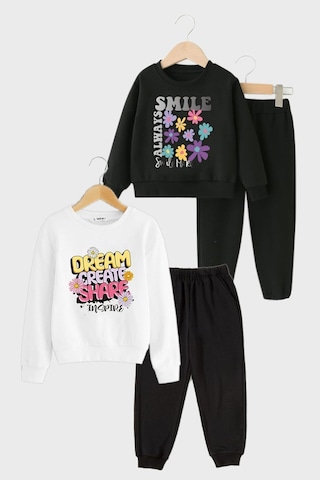 Fyk Kids Kız Çocuk 2'li Düz 0 Yaka Eşofman Takımı Beyaz - Siyah