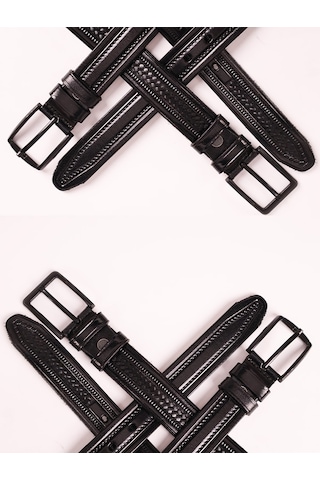 Hakiki Deri Köseli İkili Siyah Erkek Kemeri 3,2 Cm Siyah