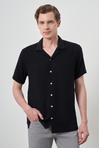 Morven Erkek Siyah Trend Keten Regular Fit Apaş Yaka Kısa Kol Gömlek 25ys004012001 Siyah Siyah