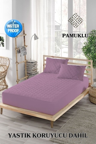 Mona Verde Renkli Sıvı Geçirmez Lastikli Çift Kişilik Çarşaf Yastık Alezi (Toplam 3 Parça) %100 Pamuk Kapitoneli MNVCKAPFIT00 Mürdüm ÇK