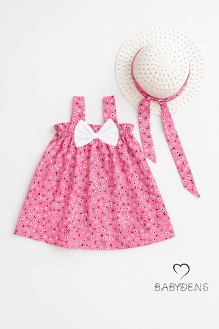 Babyden's Kız Bebek Çiçek Desenli Fiyonklu Yazlık Elbise Ve Şapka Takımı Pamuklu 9-36 Ay Yazlık Bebek Kombini Pembe
