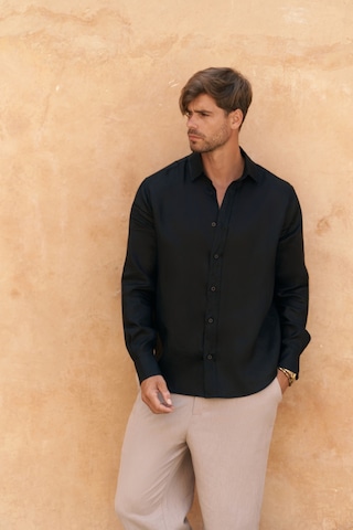 Mai Collection Mai Studios Co. Agnola Oversize Erkek Siyah Keten Gömlek Siyah