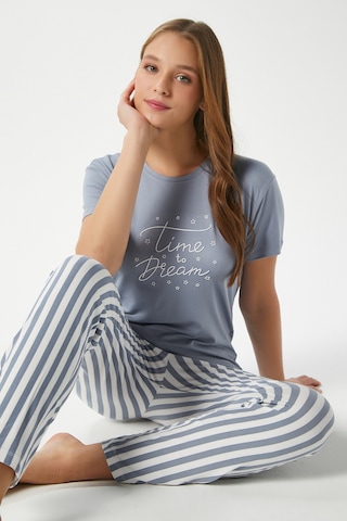 Ritnice Kadın Time Yumuşak Doku Gri Çizgili Bisiklet Yaka Kısa Kollu Alt Üst Pijama Takımı Griekru