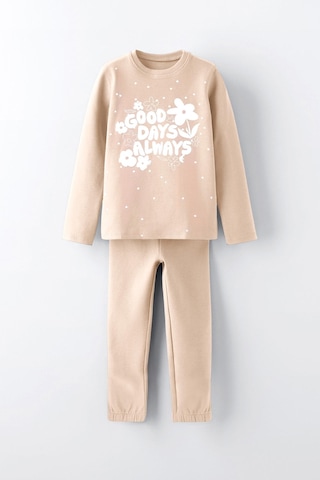 Luess Kız Çocuk %100 Pamuklu Kabartma Baskılı Alt Üst Pijama Takımı - Bej 3-4 Yaş 8-9 Yaş Bej