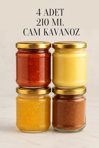 Rotanev Metal Gold Altın Konserve Kapaklı Yoğurt Saklama Şeffaf Cam Kavanoz 4 Adet 210 ml