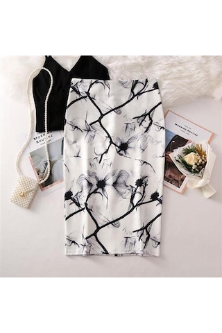 Altın Yaz Baskı Zarif Kalem Etek Kadın Yüksek Bel Diz Boyu Etek Kadın Altın