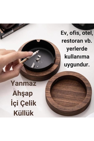 Coofbe Ahşap Kapaklı Masaüstü Küllük Kül Tablası Paslanmaz Çelik Kül Tablası Koku Engellemeli Küllük