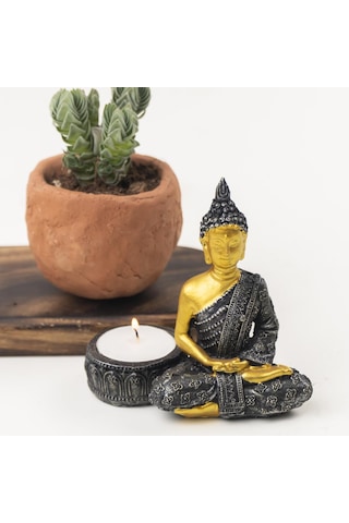 Buddha Temalı Gold Siyah Tealight Mumluk Renkli