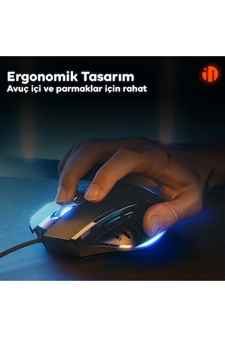 İnphic W1 Sessiz Tıklama Özellikli Ergonomik Kablolu Oyun Mouse Fare 1200/7200dpı W1