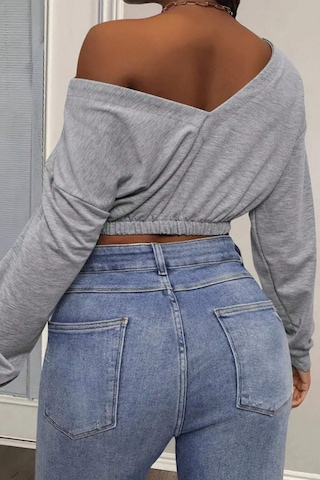 Tarz Cool Kadın Omuz Dekolteli Lastikli Crop Sweatshirt %100 Pamuk Gri