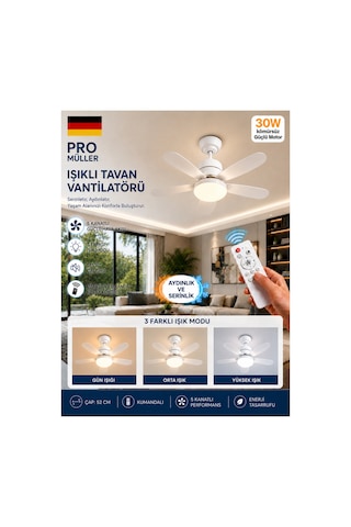 Pro Müller Pro Müller Kömürsüz Sessiz Motor Tavan Tipi 3 Renk Aydınlatmalı Fan Vantilatör Sinek Kovar Beyaz